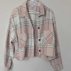 For The Republic Pink and Cream Plaid Cropped Shacket